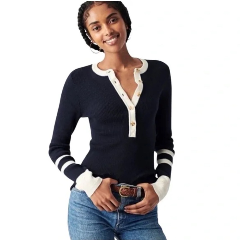 Faherty Mikki Henley Sweater Top M Navy White Coastal Colorblock Organic Cotton